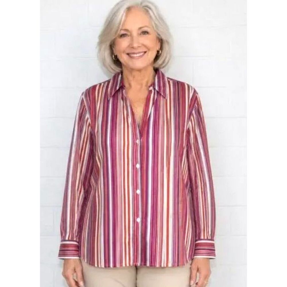 Chico's 3 XL 16 18 Colorful Striped Long Sleeve Cotton Blend Stretch Blouse Top